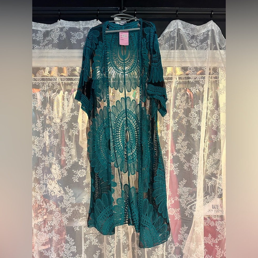 NWT Kimono Duster Sarong Swimsuit Coverup Resort-wear Black & Turquoise O/S